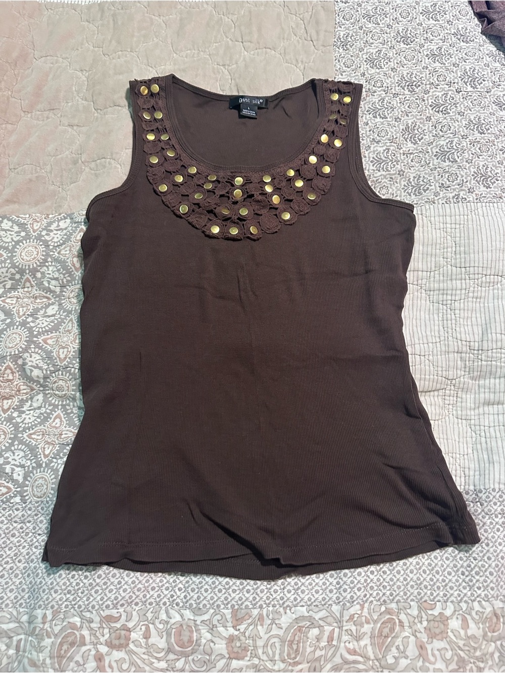 august silk Brown Tank Top with Decorative Studded Neckline